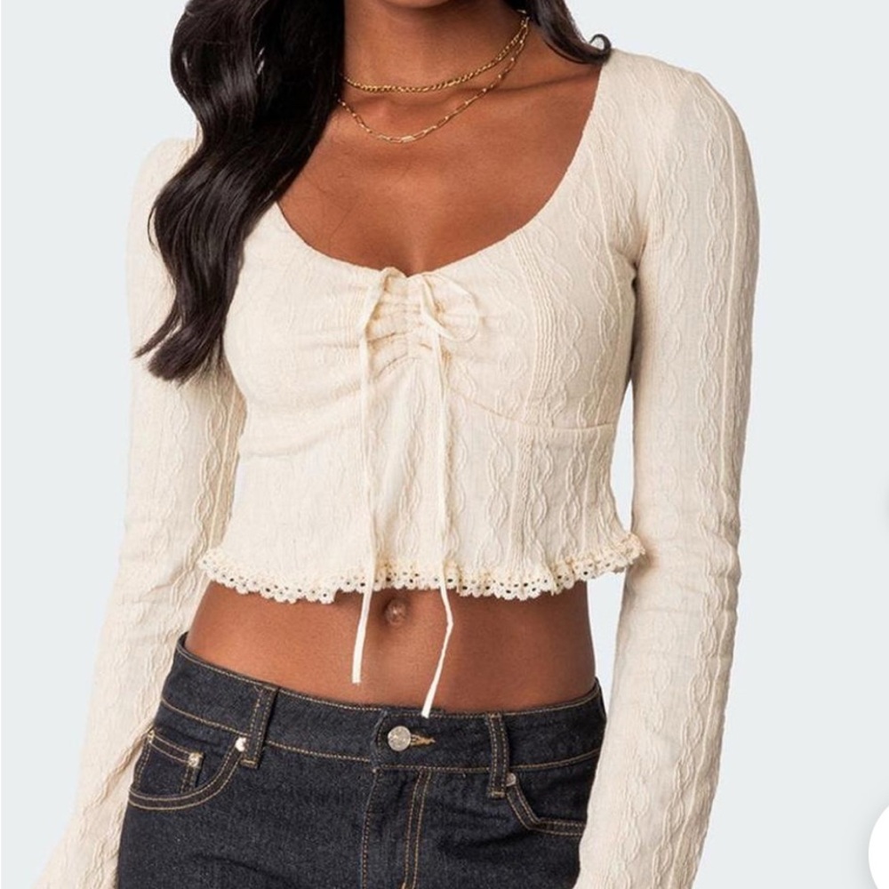 Edikted Cream Ruched Tie Front Crop Blouse